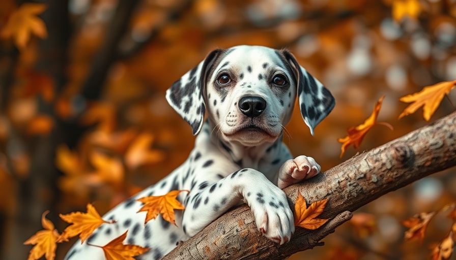 Dalmatian dog amid autumn leaves, exploring nature, ready-made stem cell therapy for pets context.