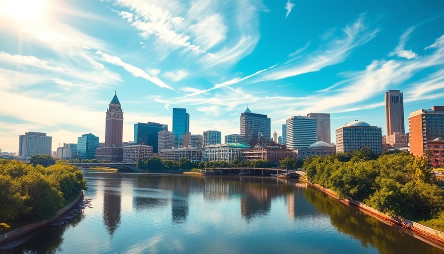 Vibrant Columbus skyline, river view reflecting skyscrapers, Drive Capital success after co-founder split.