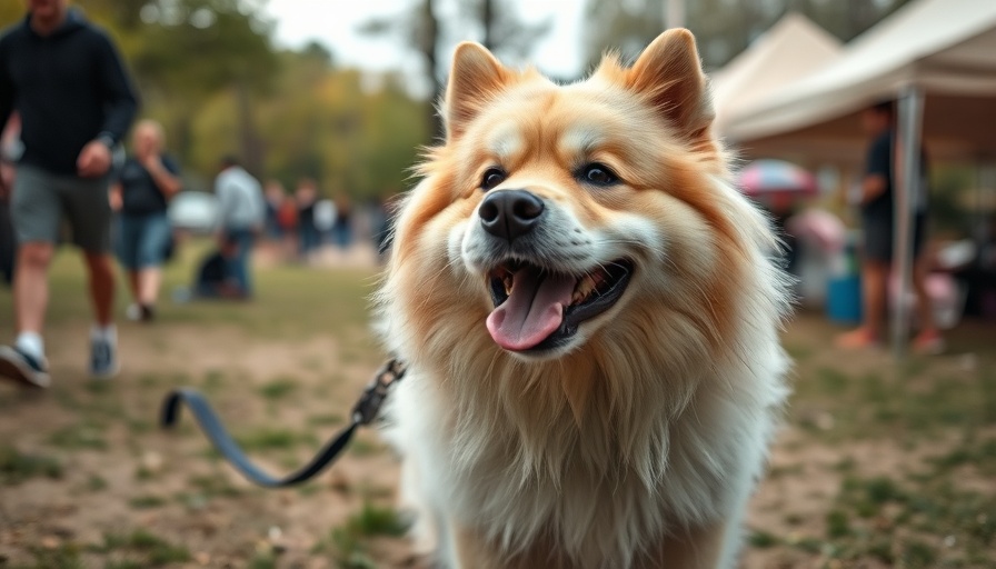 Happy fluffy dog on leash at Columbus park event.