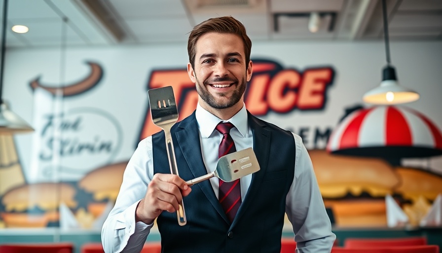 Man holding spatula in front of Wendy's mural, symbolizing Wendy's leadership change.