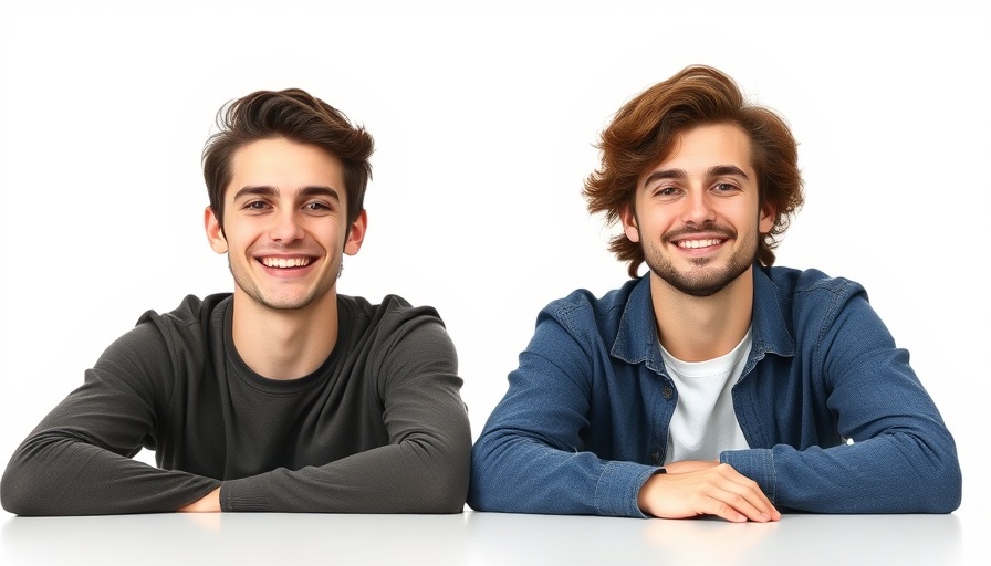 Young men smiling and sitting together in casual attire.