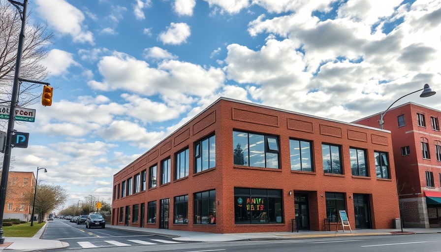 Brick building in Arena District, modern design, for sale, corner street view.