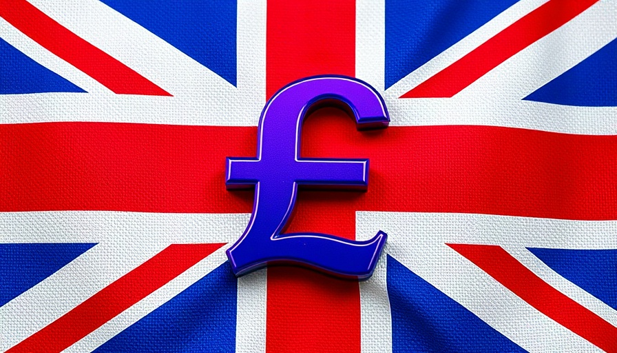 Glossy purple pound sign on Union Jack, symbolizing UK economy.