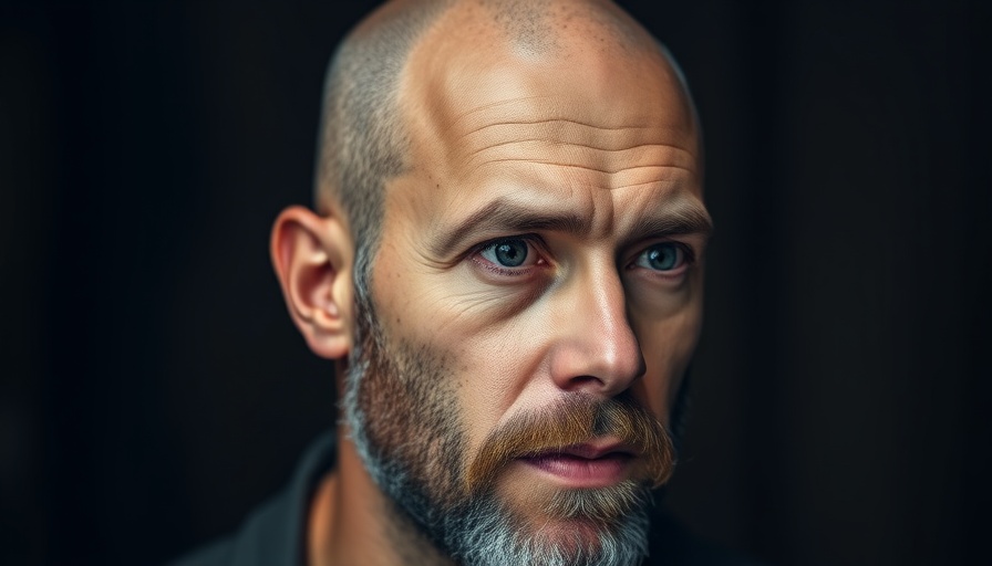 Portrait of a bald man with a beard in focused lighting.