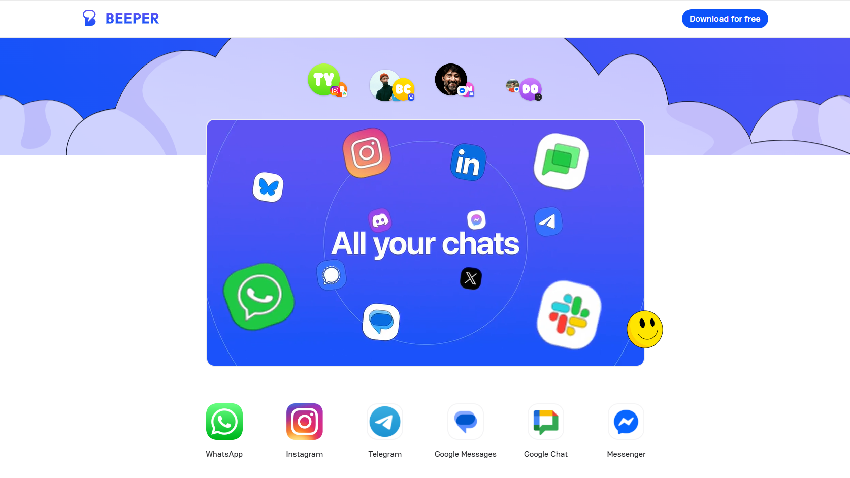 Beeper all-in-one messaging app relaunch website on a vibrant desktop.