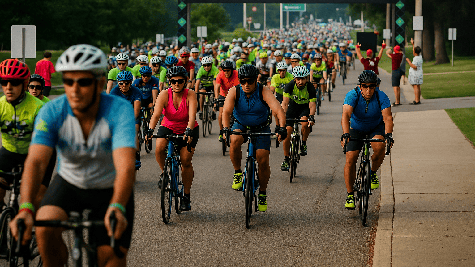 Pelotonia riders cycling in a vibrant charity event.
