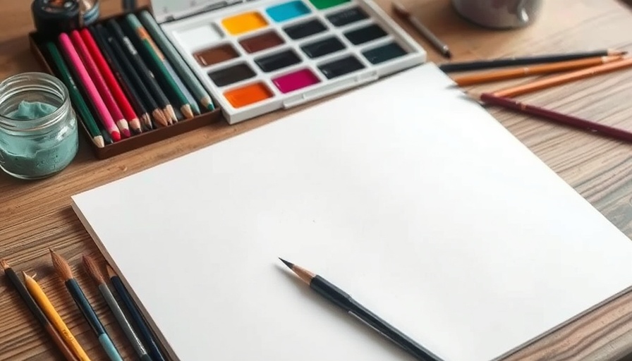 Art tools and blank sketchbook on a wooden table, best places to sell art setting.