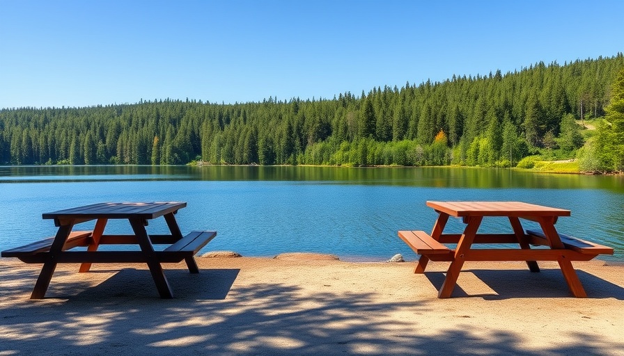 Tranquil lakeside at Blue Rock State Park with picnic area.