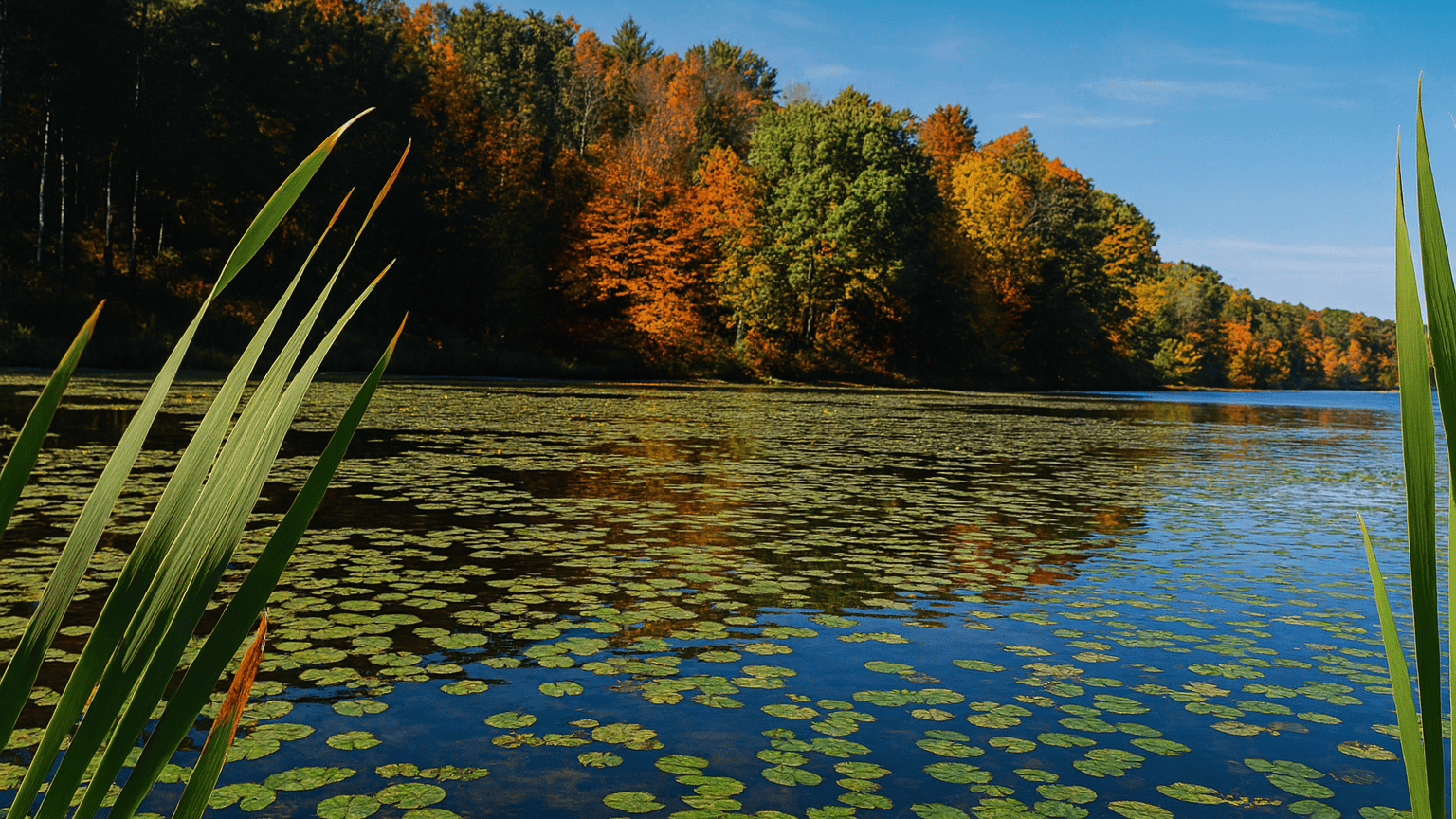 Tranquil lakeside at Blue Rock State Park with lily pads.
