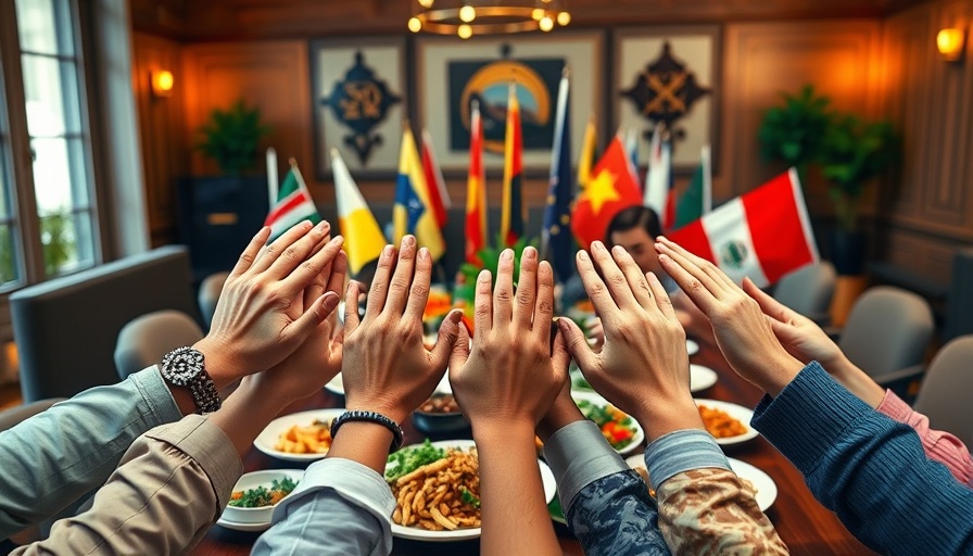 Hands around international dishes with country flags, cultural differences workplace.