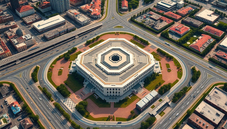 Aerial view of pentagon with roads for Space Force communications satellite program.