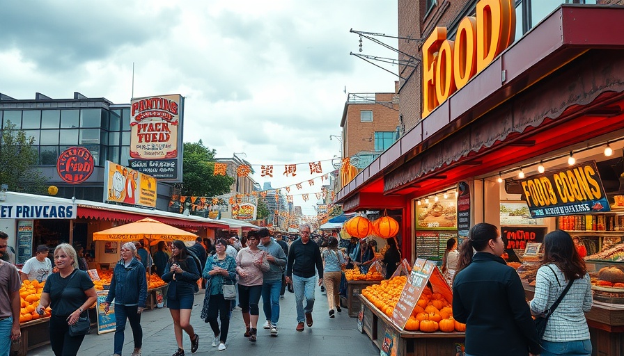 Crowded food festival in Central Ohio with stalls and pumpkins.