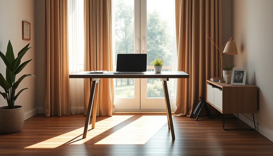 Minimalist office desk with laptop and plant in a sunlit room.