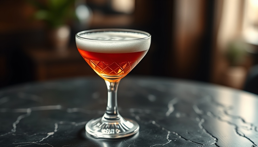 Creamy cocktail with geometric foam pattern on dark tabletop.