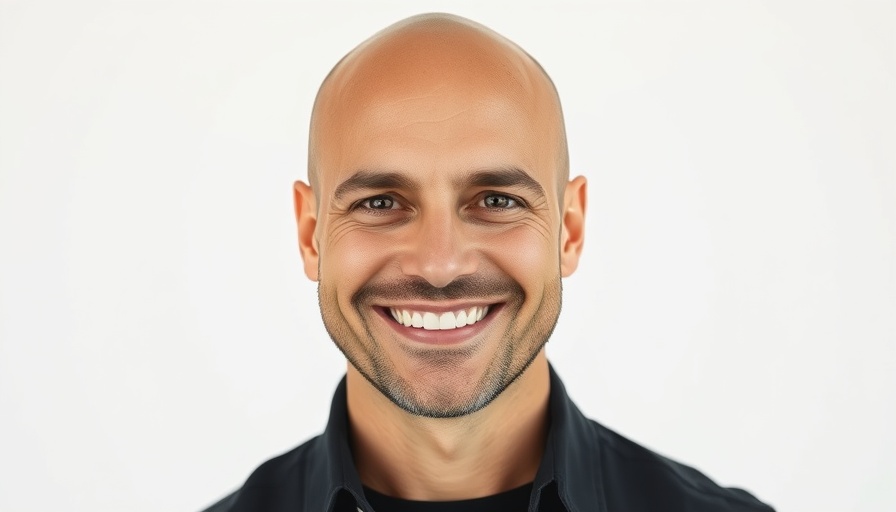 Smiling bald man in black shirt, confident pose, white background.