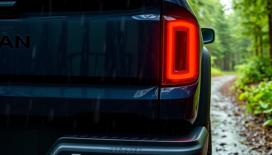 Rivian R1T electric truck rear view on forest trail, showcasing rugged design.