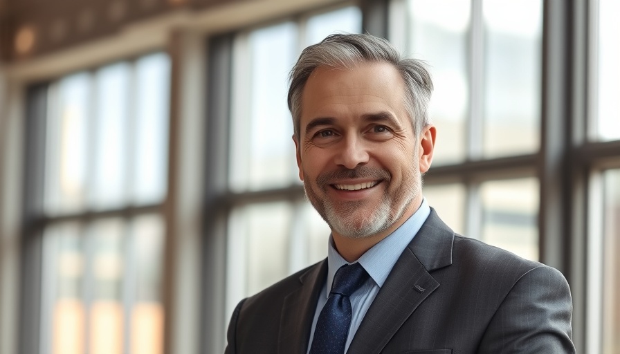Confident middle-aged man smiling in a suit with bright background.