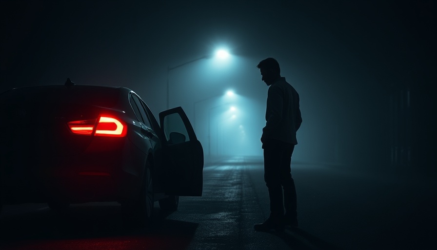 Shadowy figure by car in nighttime mist; carmaker’s web portal security flaws reference.
