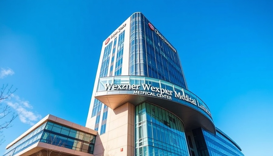 Central Ohio hospital tower with glass skybridge under blue sky