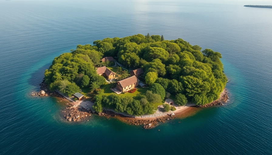 Lush green private island with cozy homes, aerial view - Private Island Ownership