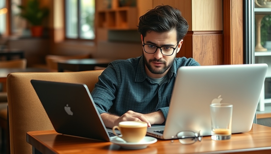 Focused individual working on a laptop in a sunlit cafe.