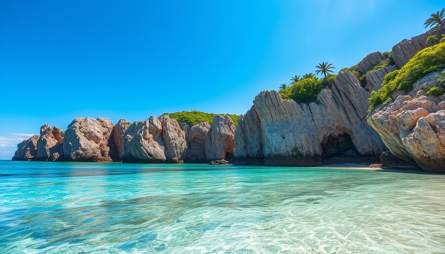 Tropical beach with cliffs and turquoise waters, ideal for travel jobs with free housing.