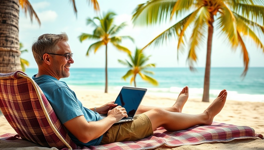 Types of printables to sell on Etsy: working beachside on a laptop.