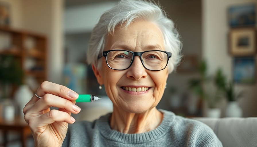 Elderly woman showing vaccination bandage in bright room.