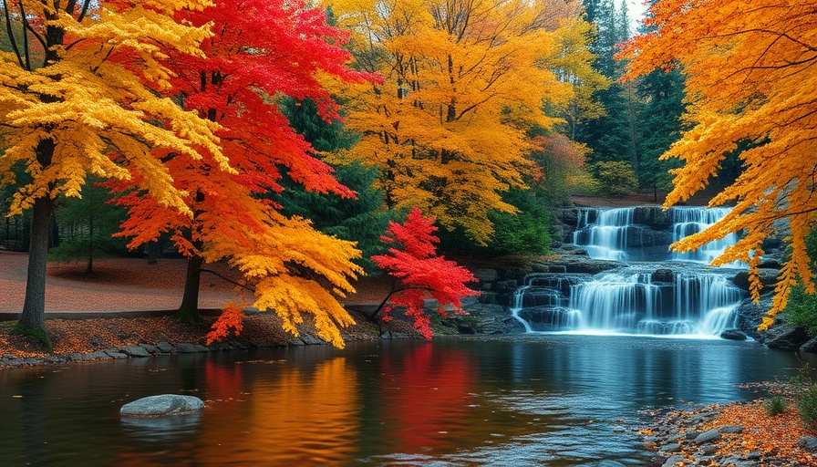 Best places to see fall colors in Columbus Ohio, vibrant autumn scene with waterfall.