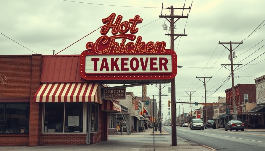 Vintage street with Hot Chicken Takeover sign, overcast sky.