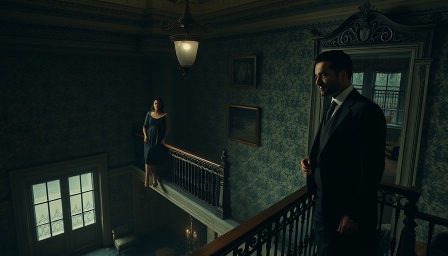 Dramatic black and white vintage scene in an old mansion.