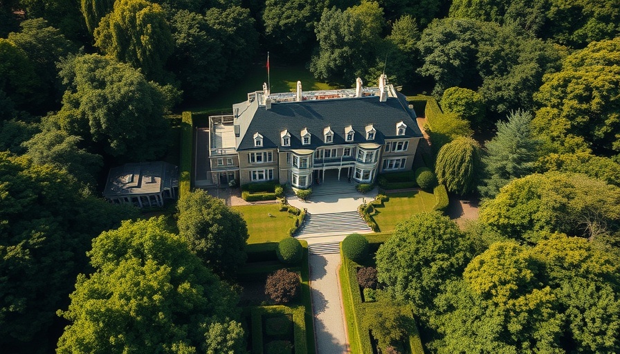 Aerial view of an Ohio Gilded Age mansion with gardens.