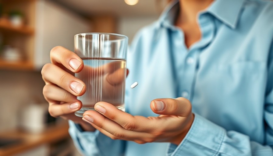 Close-up of a person taking a fiber supplement with water in a kitchen.