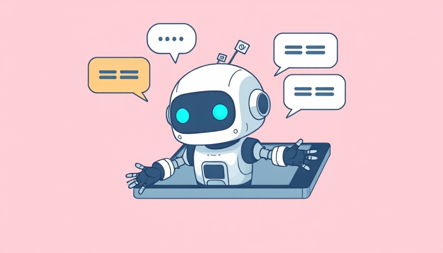 Illustration of a cartoon chatbot with chat bubbles on a pink background.