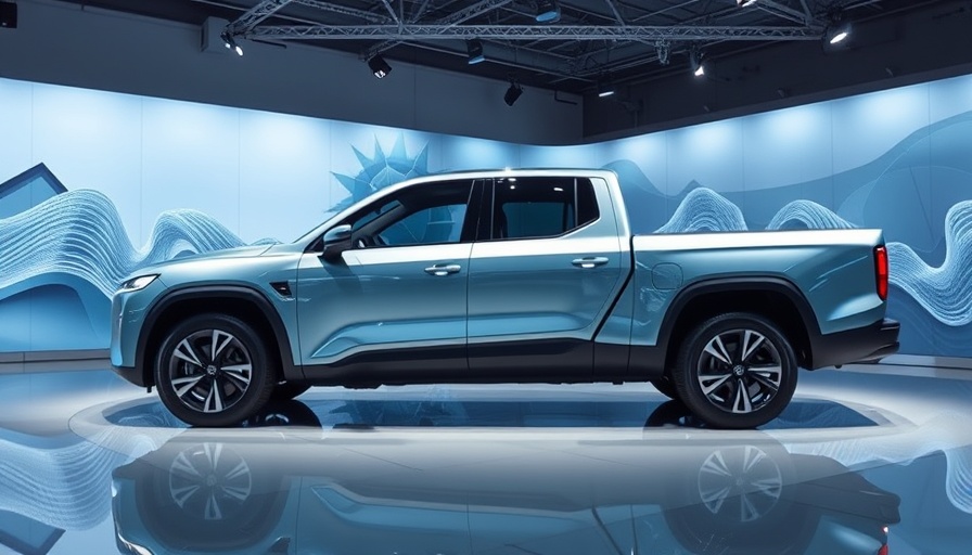 Sleek modern electric pickup truck showcased in futuristic exhibition.