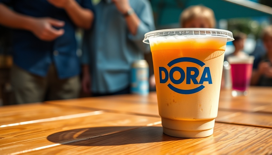 DORA Pickerington plastic cup on a wooden table in a social setting.