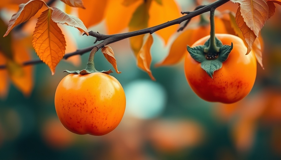 Ripe persimmons hanging on a branch in autumn foliage, fall fruits you can forage in Ohio.