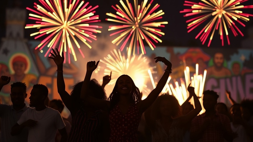 People having fun at Columbus Juneteenth events with vibrant murals and fireworks.