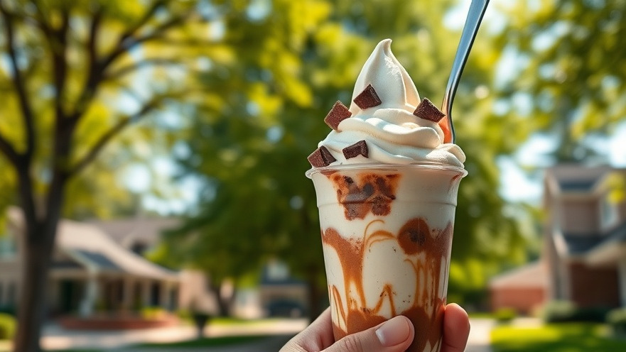 Photorealistic frozen custard cup showcasing local business growth in a sunny suburban setting.