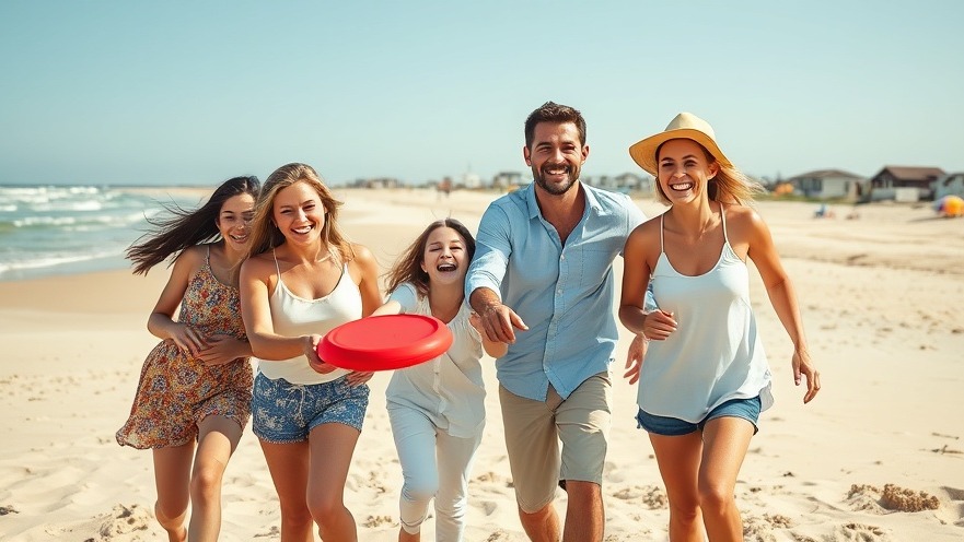 Cheerful family enjoying events in Virginia Beach, playing frisbee on a sunny beach.