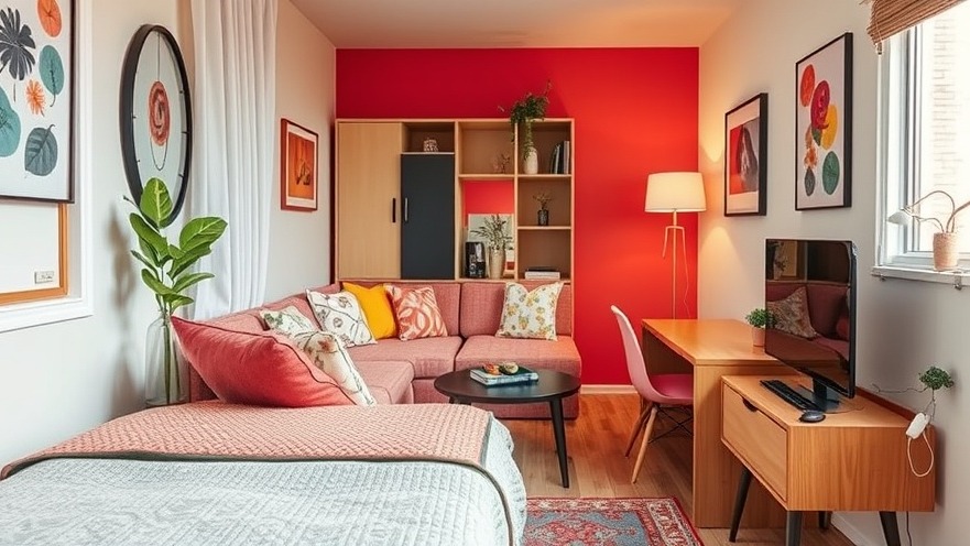 Cozy home interior design in a colorful studio apartment, maximizing small spaces.