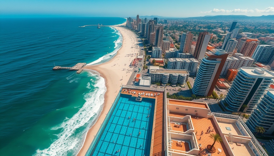 Aerial view of Hampton Roads cityscape with beachfront and rooftop pool.