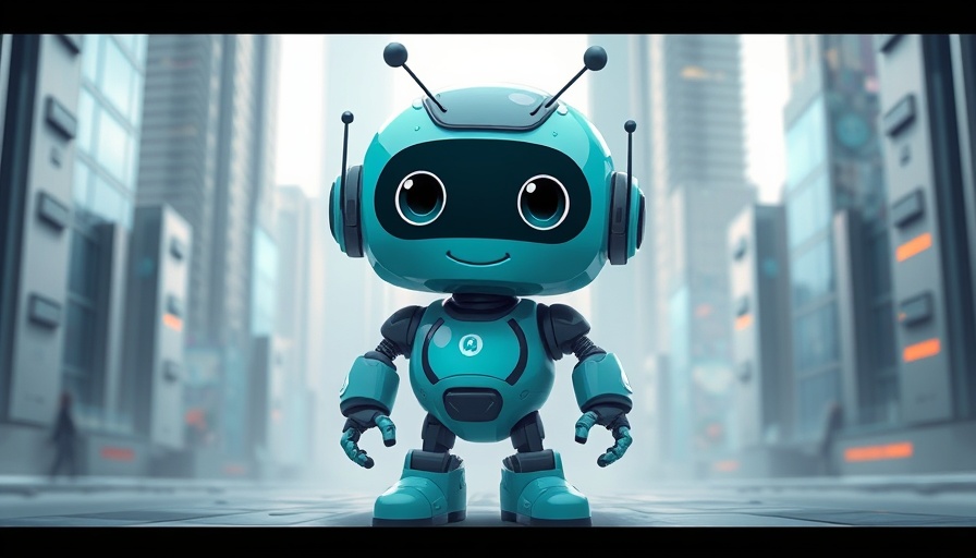 AI-powered mini PCs featuring a cute teal robot in a futuristic tech setting.