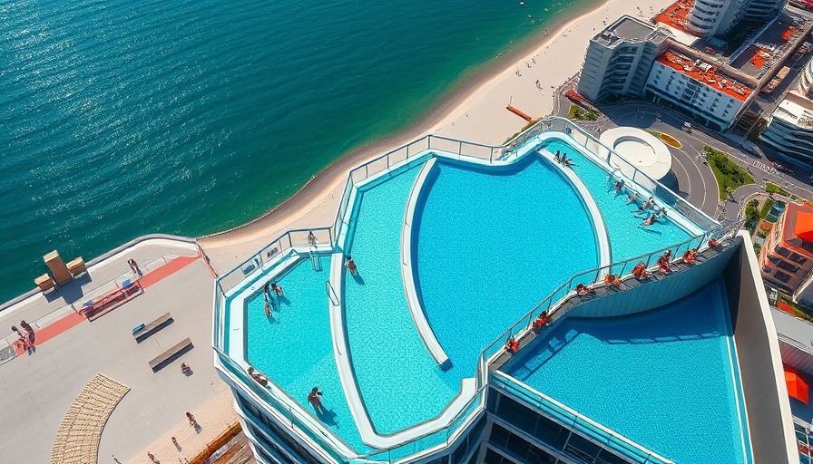 Aerial view of Virginia Beach hotel rooftop pool and shoreline.