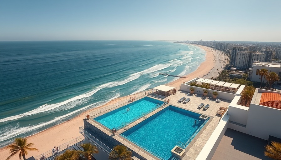 Expansive view of city beach and rooftop pool scene