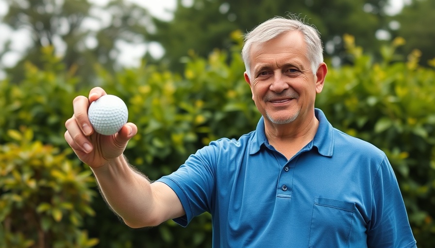 Man demonstrating plumbing with a golf ball, outdoors.