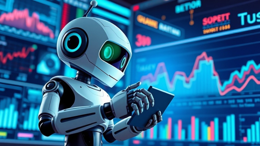 Cartoon robot examining OLED monitors myths on graphs.