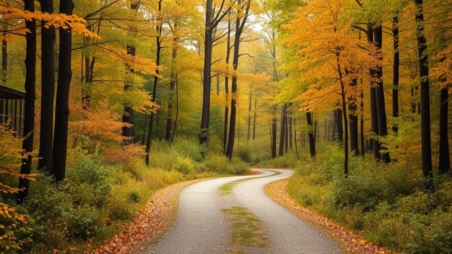 Beautiful forest path with autumn leaves, outdoor living design ideas.