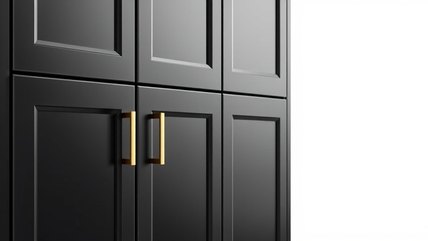 Modern kitchen design featuring black cabinets with gold hardware.