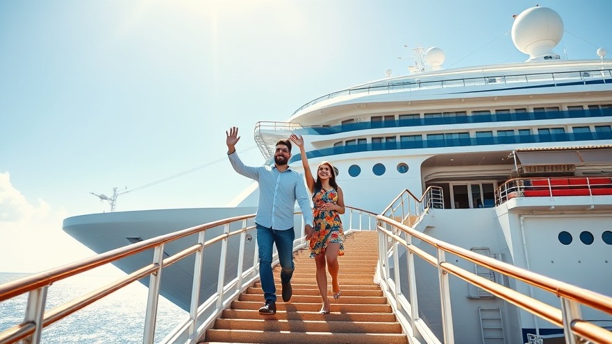 Cheerful couple waves at side entrance of a cruise ship, enjoying family-friendly activities.